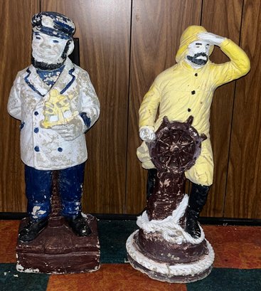 Cement Captain And Fisherman Statues - 2 Total