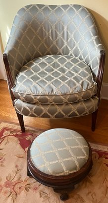 Custom Upholstered Wooden Barrel Chair With Wooden Upholstered Footstool Included - 2 Piece Lot