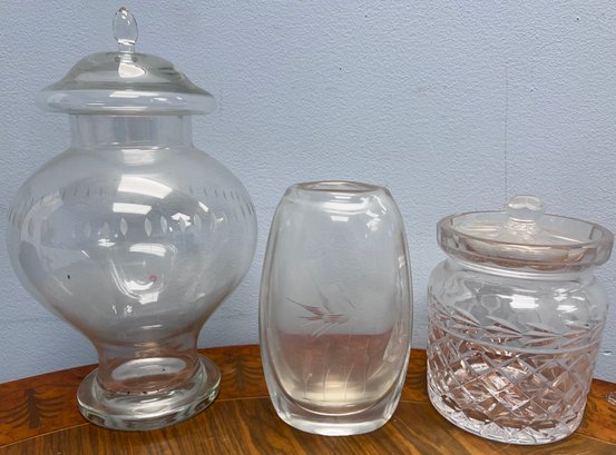 Crystal & Glass Apothecary Jar, Lidded Jar & Vase- Lot Of 3