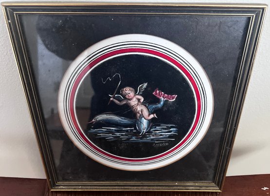M. Cirillo Gouache Framed Painting Of Playful Cherub And Dolphins