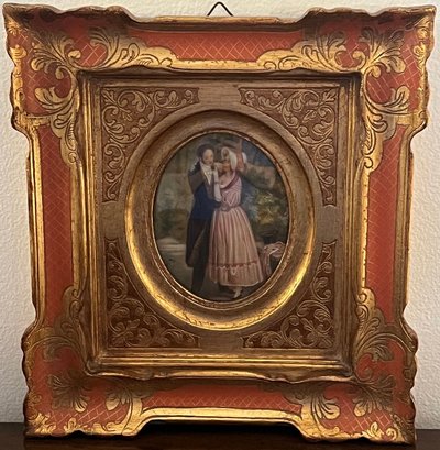 Early 20th Century Framed Small Painting On Cell Of Man And  Woman In Conversation