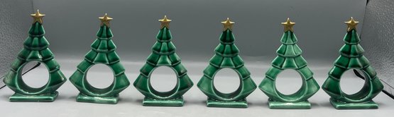 Decorative Ceramic Christmas Tree Napkin Ring Set - 6 Total