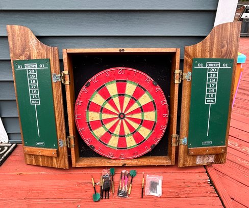 Solid Wood Dart Board Cabinet With Darts And Chalkboard Scoreboard