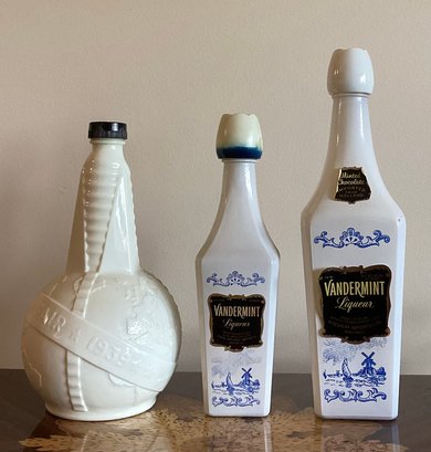 Vintage 1939 World's Fair White Milk Glass Vinegar Bottle & Two Vandermint Liqueur Decanters - 3 Pieces