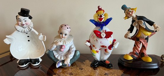 Murano Glass Clown And 3 Assorted Clown Figurines - Lot Of 4 Pieces