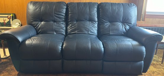Double Manual Reclining Navy Blue Leather Sofa