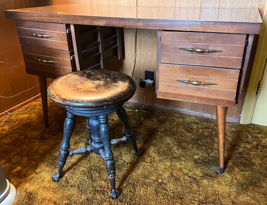 MCM Scandinavian Vintage 4 Drawer Desk & Charles Parker Adjustable Piano Wood Stool W/ Glass Ball Claw Feet