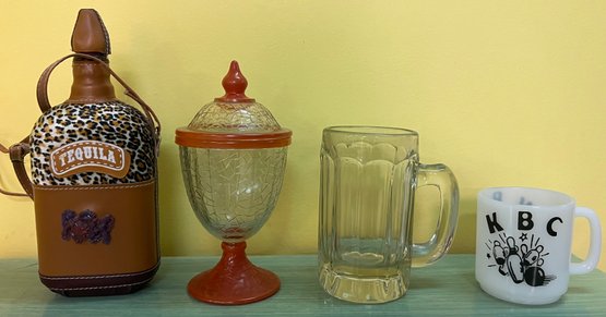 Tequila Bottle, Depression Glass McKee Candy Dish, Glass Beer Stein & Glasbake Milk Glass Bowling Mug - 4 Pcs