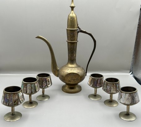 Brass  Water Pitcher Made In India And 6 Alpaca Abalone Cordial Cups