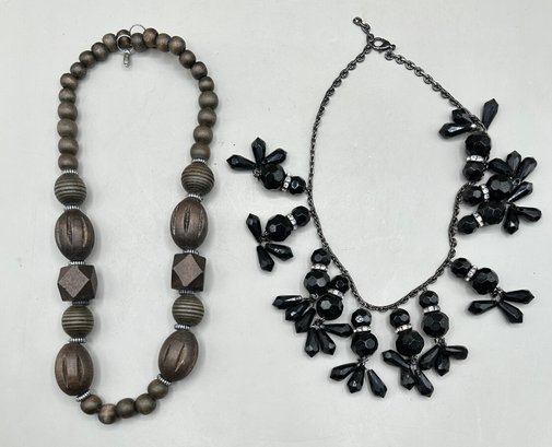 Wood Beaded Necklace And Black And Rhinestone Necklace, 2 Piece Lot