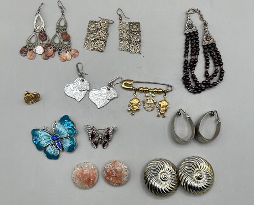 Assorted Lot Of Costume Earrings, Pins And Bracelet, 11 Piece Lot