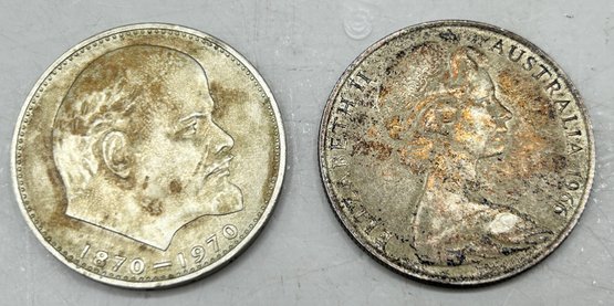 Copper And Nickel Russian Ruble And 1966 Australia 50 Cents Silver Coin, 2 Piece Lot