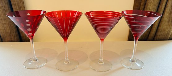 Red Martini Glasses With Assorted Designs- 4 Pieces