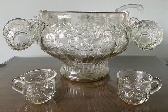 Jeanette Glass Embossed Fruit Design Punch Bowl With Ladle & Cups - 14 Pieces