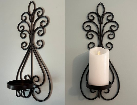 Metal Scroll Sconces With Electric Pillar Candles - 4 Piece Lot