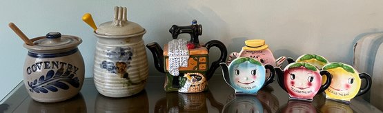 Andover Pottery Honey Pot, Stoneware Honey Pot, Sewing Machine Teapot And Anthropomorphic Tea Bag Dishes 8 Pc