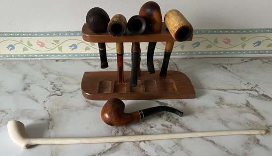 Vintage Wooden Pipe Rack With 7 Smoking Pipes