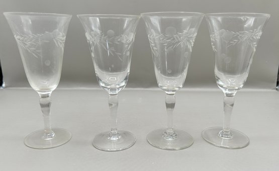 Cordial Glasses With Etched Floral Design, 4 Piece Lot