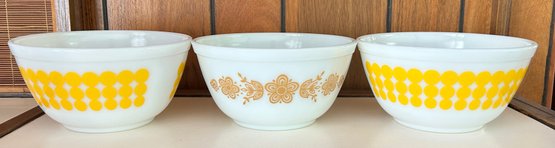 Pyrex New Dot Mixing Bowls And Pyrex Butterfly Gold Mixing Bowl, 3 Piece Lot