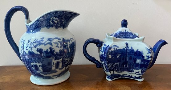 Victoria Ware Ironstone Blue And White Teapot & Pitcher - 3 Pieces