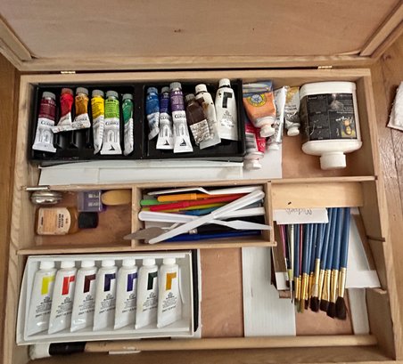 Assorted  Art Materials In Wood Storage Box