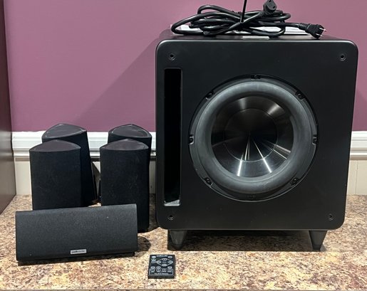 Polk Audio DSW Pro 500 Subwoofer W Remote, Central Channel Speaker RM8 & Satellite Speakers RM8 - 7 Pieces