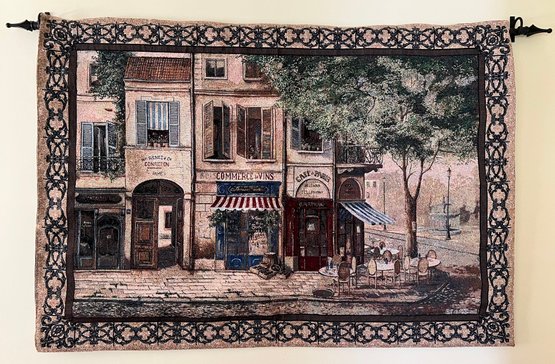 Paris French Cafe Scene Tapestry, Artist Signed