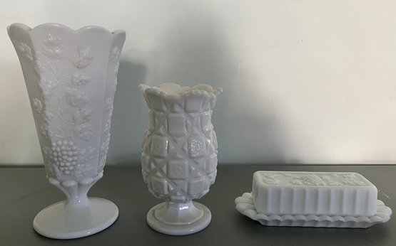 Westmoreland Milk Glass Vases & Butter Dish With Cover - 4 Pieces