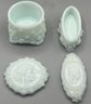 Fostoria Jenny Lind Victorian Figural Embossed Cameo Pattern Milk Glass Vanity Set - 5 Pieces Total