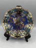 Mid-century Houze Art Glass Blue Mosaic Pheasant Pattern Ruffled Dish - Box Included