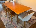 West Elm Mid Century Style Dining Table With Upholstered Bench 2 Upholstered Chairs And 2 Wood Chairs
