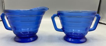 Hazel Atlas Glass Co. Modern-Tone Cobalt Blue Glass Sugar Bowl And Creamer Set - 2 Pieces Total