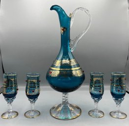 Mid-century Bohemian Hand Painted Pitcher & Cordial Glass Set - 5 Pieces Total