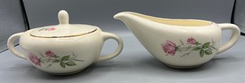 Vintage Hand Painted Floral Pattern Porcelain Lidded Sugar Bowl & Creamer Set - 3 Pieces Total