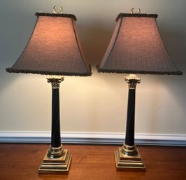 Ethan Allen Polished Brass Faux Marble Pattern Table Lamps - 2 Total