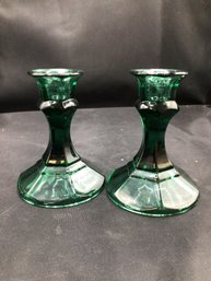 (2) Vintage Green GLASS Candle Holders  - ( 4.5in Tall)