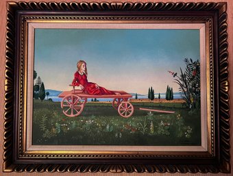 Clement 1963 Framed Oil On Canvas- French Girl On A Wagon