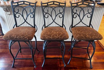 Brown Wrought Iron Style Swivel Bar Chairs- 3 Pieces
