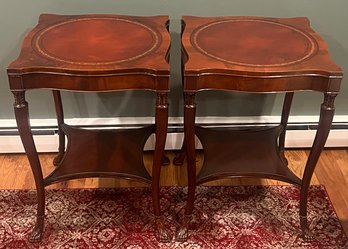 Vintage Leather-top Wooden End Tables With Shelf - 2 Total