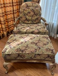 Custom Upholstered Distressed Wooden Arm Chair With Ottoman