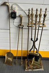 Brass Fireplace Accessory Set With Stand  - 6 Pieces Total
