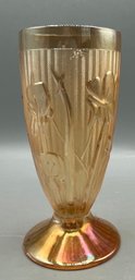 Jeanette Glass Co. Carnival Peach Iridescent Iris & Herringbone Pattern Glass Vase