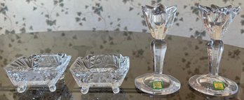 Marquis For Waterford Crystal Candlestick Holders & Footed Crystal Ashtrays- 4 Piece Lot