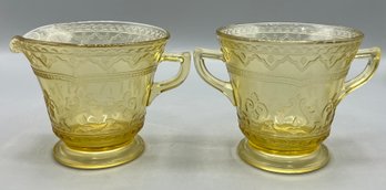 Federal Glass Co. Patrician Spoke Pattern Amber Yellow Glass Sugar Bowl And Creamer Set - 2 Pieces Total