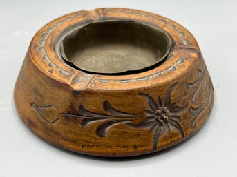 Vintage Wooden Carved Copper Ashtray - Made In Poland