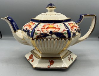Vintage Suparb Imari Style Hexagon Ceramic Teapot With Trivet By S Johnson For Brittania Pottery