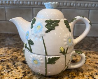 Connections  3 Pc Hand Painted Spring Floral Ceramic Teapot And Cup For One