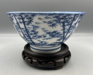 Otagiri Mercantile Company Hand Painted Porcelain Bowl With Carved Wooden Stand - Made In Japan
