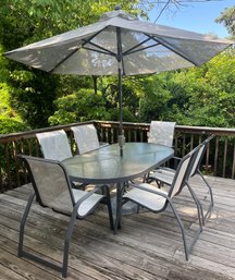 Outdoor Aluminum Glass-top Dining Table With 6 Mesh-back Chairs - Umbrella With Umbrella Stand Included