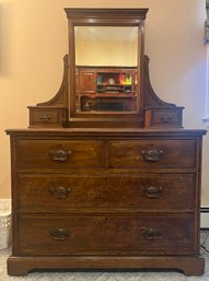 Vintage Solid Wood 4-Drawer Chest With Attached Mirror - Key Not Included
